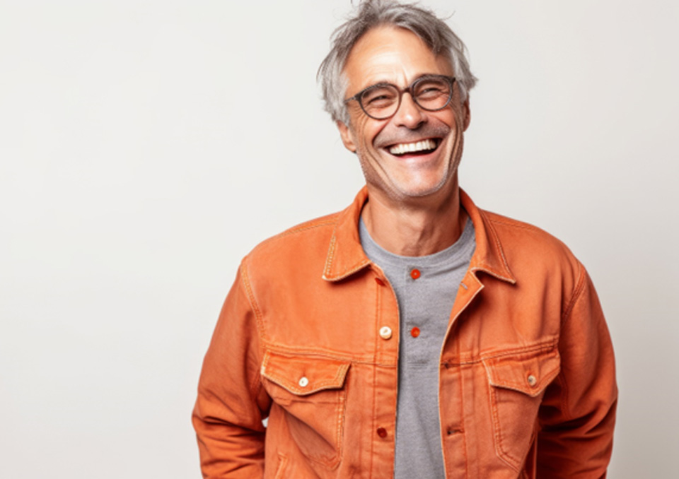 Gray haired man grinning confidently after aesthetic services in Richardson