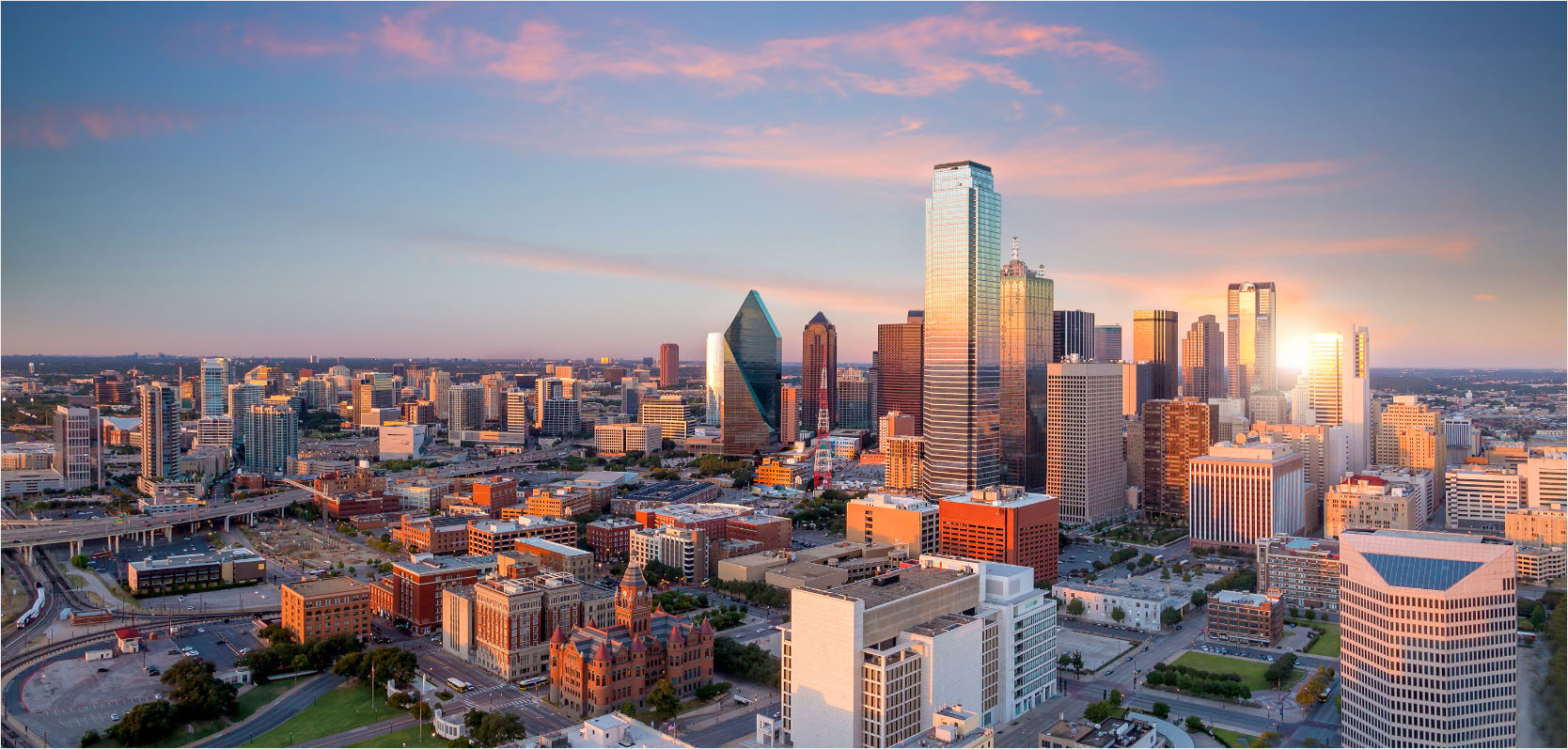 Aerial view of the Richardson city skyline at sunset